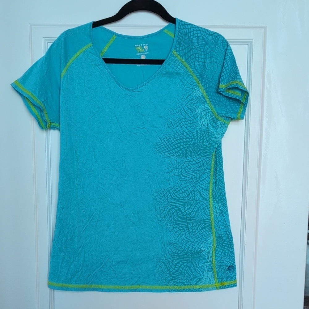 Mountain Hardwear Women's Short Sleeve Tee in Turquoise with Lime Accents